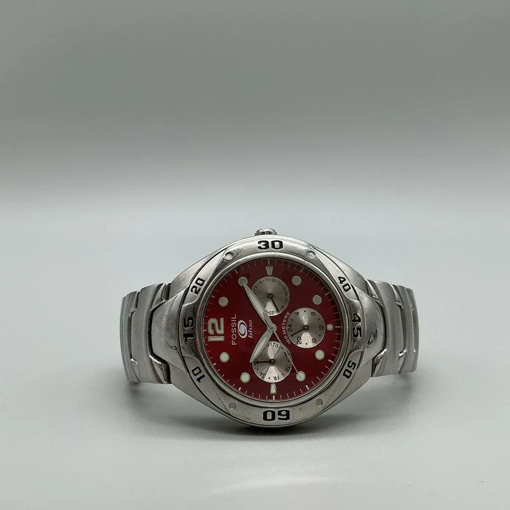 Fossil Blue Mens Watch 39mm Red Dial Stainless Steel Diver 100M New Battery 7